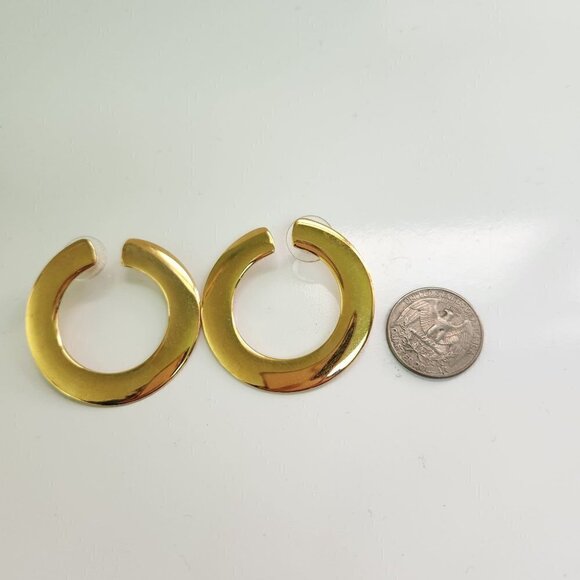 Vintage Flat Goldtone Hoop Stud Earrings - Picture 2 of 3